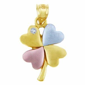 Solid 14k Tri Tone Gold Four Leaf Clover Celtic Pendant Necklace